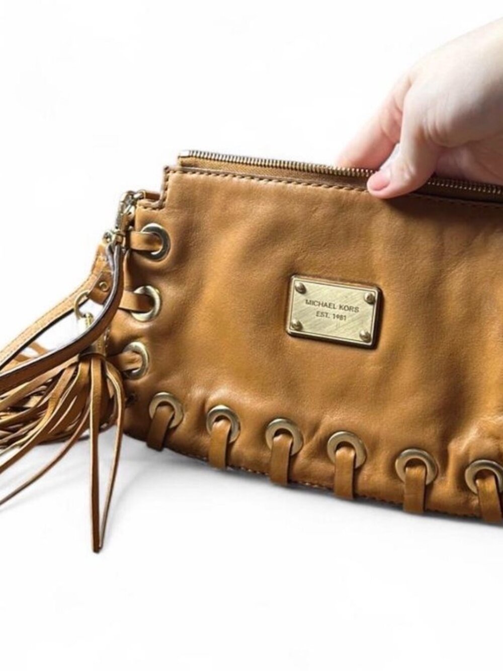 Micheal Kors Tan Leather Fringe Hand Bag